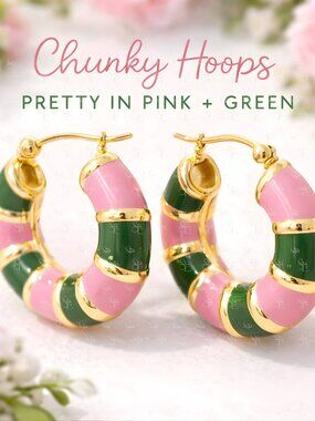 14 K Gold Dipped AKA Pink Green Enamel Chunky Hoop Earrings Gold Tone